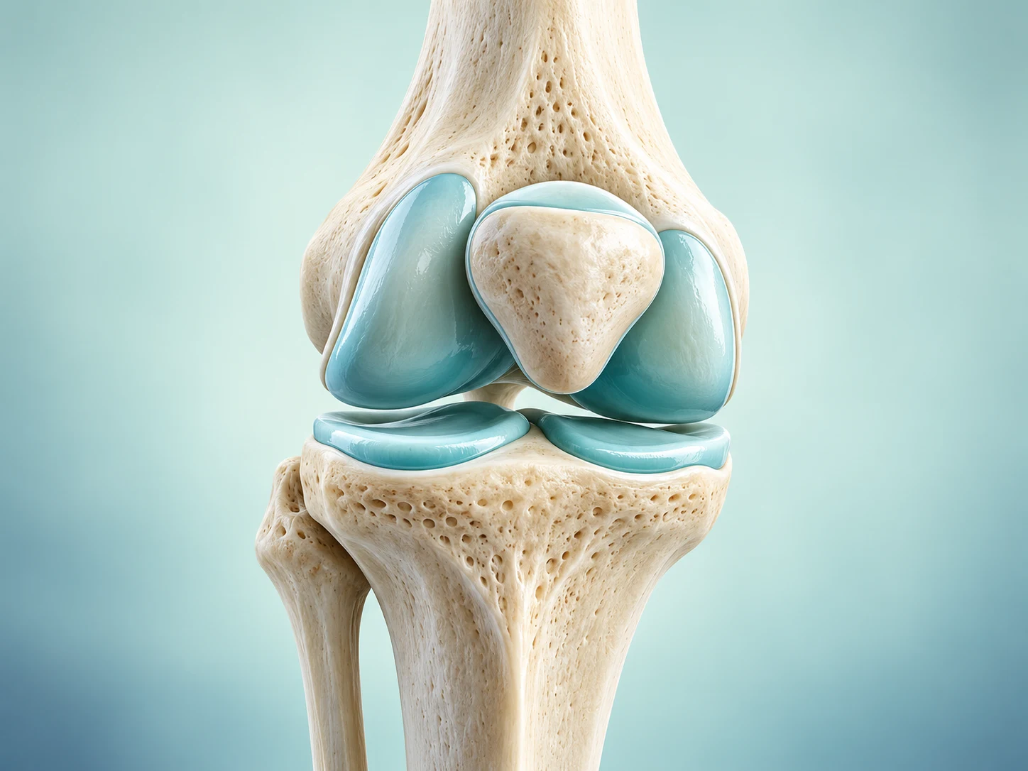 An anatomical illustration of a knee joint and cartilage