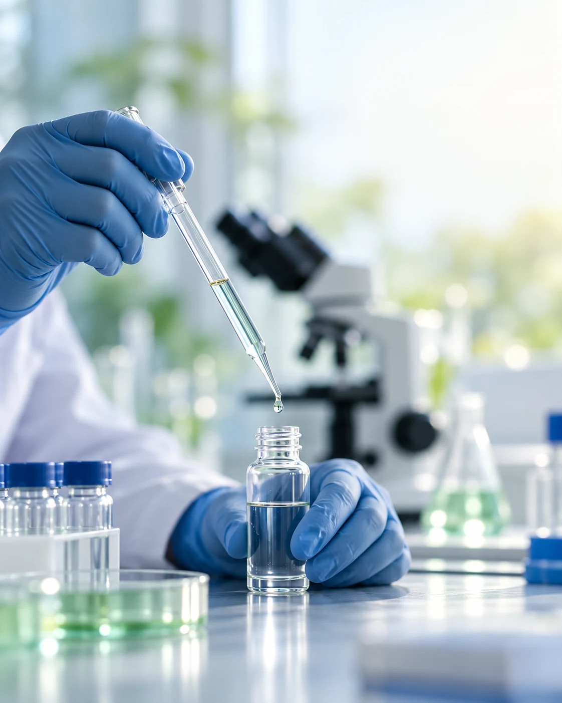 A scientist using a precision pipette in a bright life-sciences laboratory